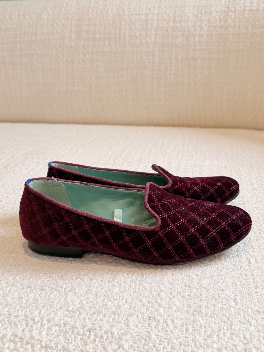 Authentic Blue Bird Burgundy Velvet Quilted Loafers – Size 37